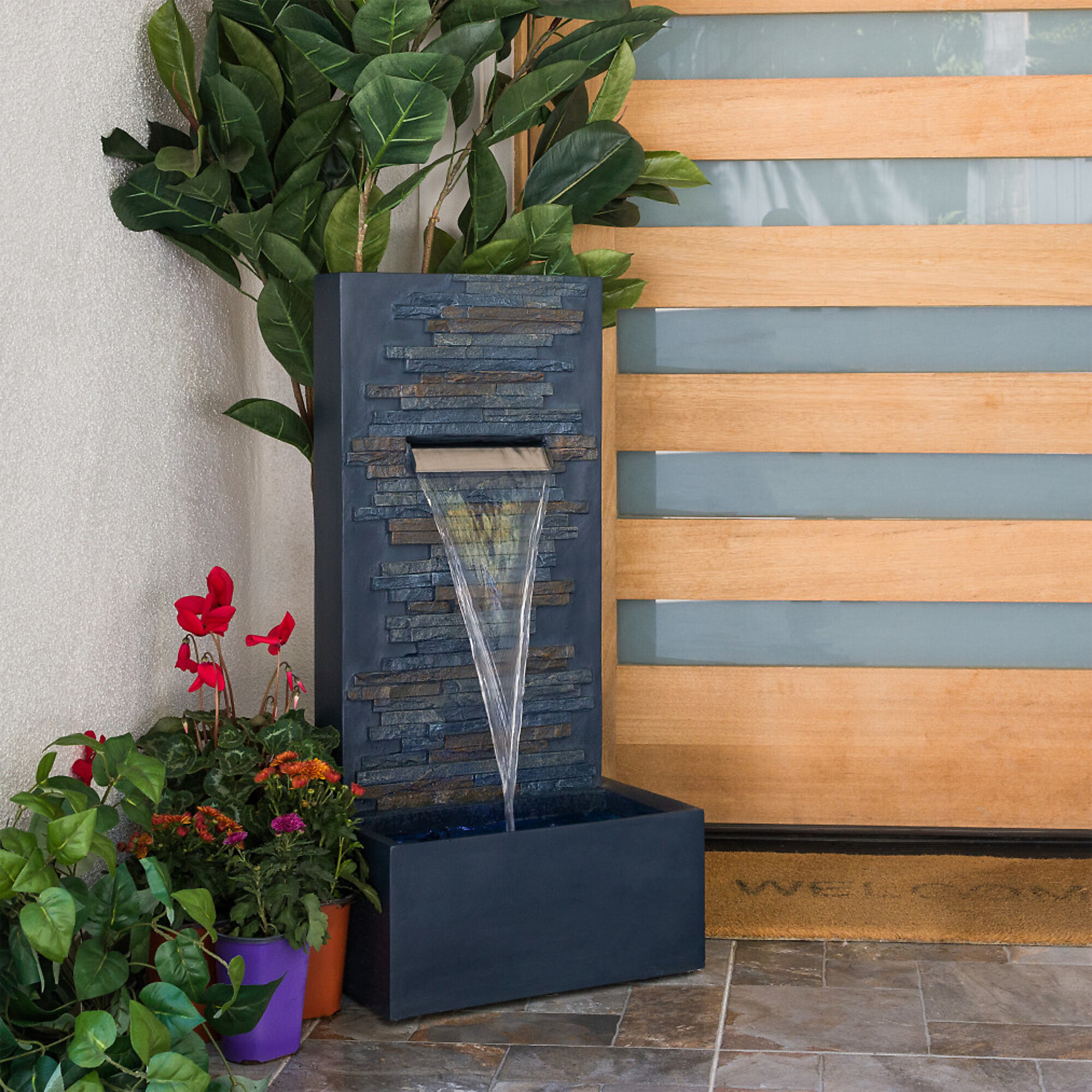 Alpine Corporation, Modern Stone Wall Fountain with LED Lights, Volts 120 Power Cord Length 8 ft, Model# WIN1562
